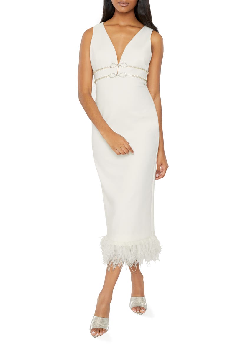 Corianne Feather Trim Empire Waist Midi Dress, Main, color, WHITE