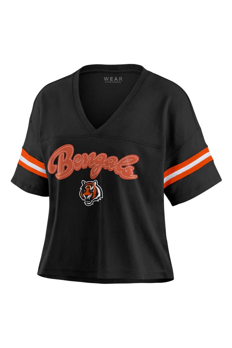 Women's WEAR by Erin Andrews Black Cincinnati Bengals Plus Size Color Block Boxy V-Neck T-Shirt, Alternate, color, Black