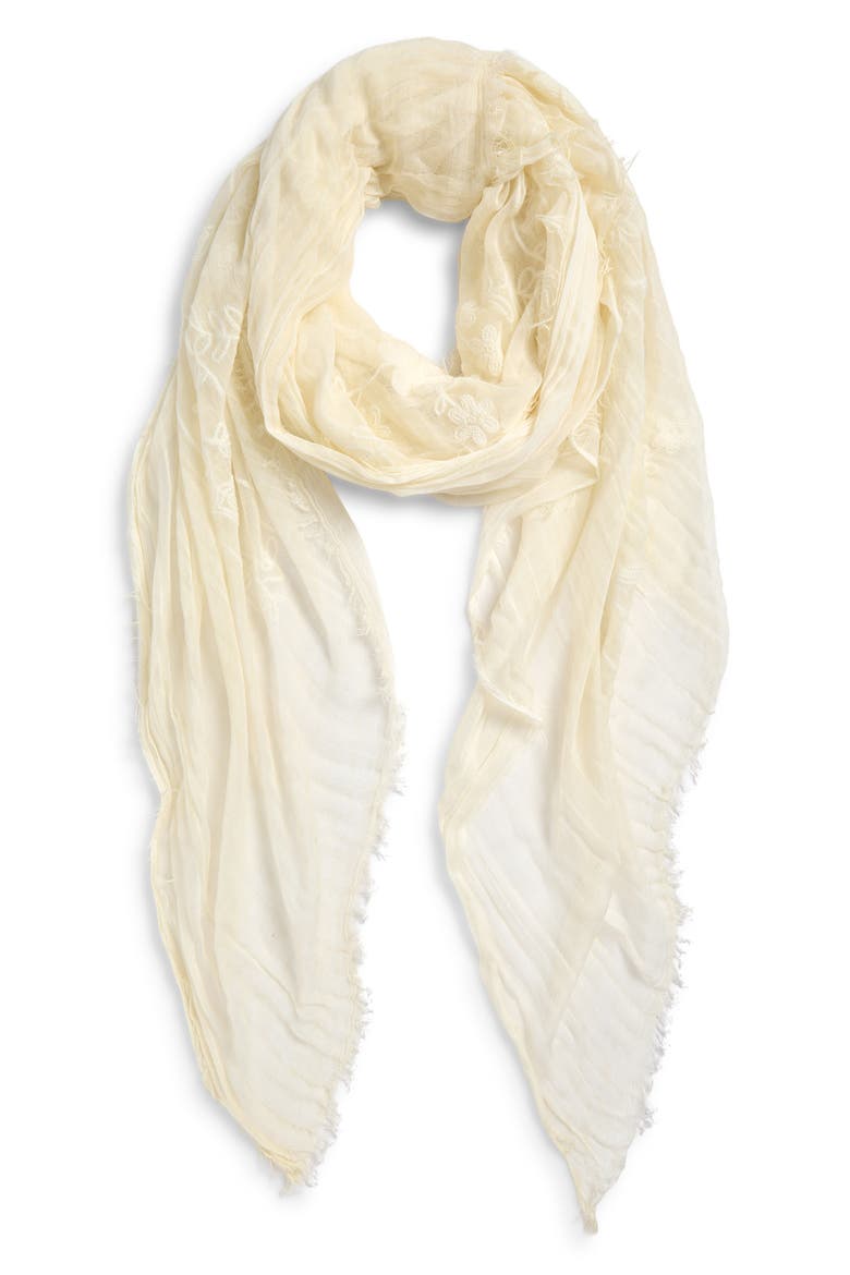 Floral Embroidered Gauze Fringe Scarf, Alternate, color, IVORY EGRET