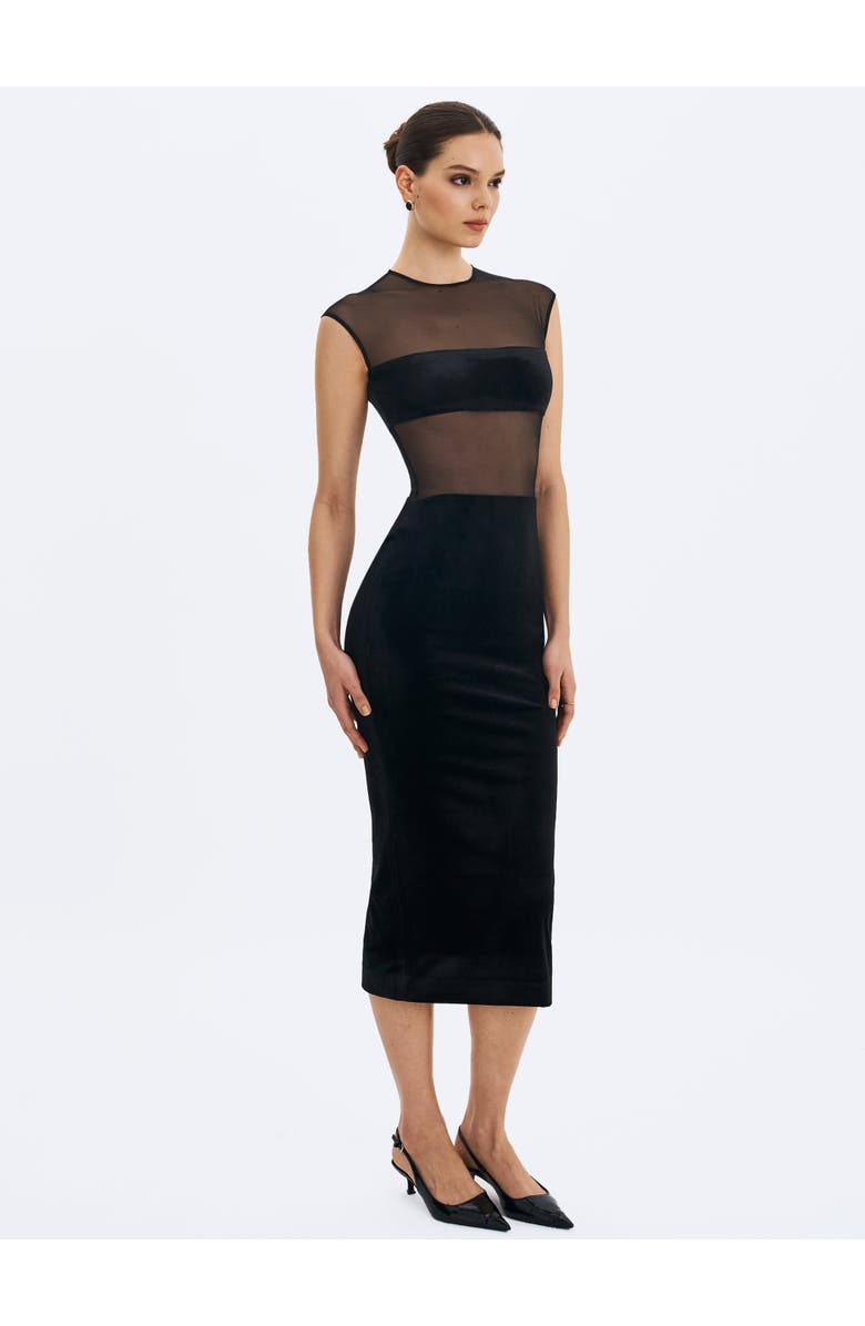 Miss Circle Quielle Mesh and Velvet Midi Bodycon Dress, Alternate, color, Black