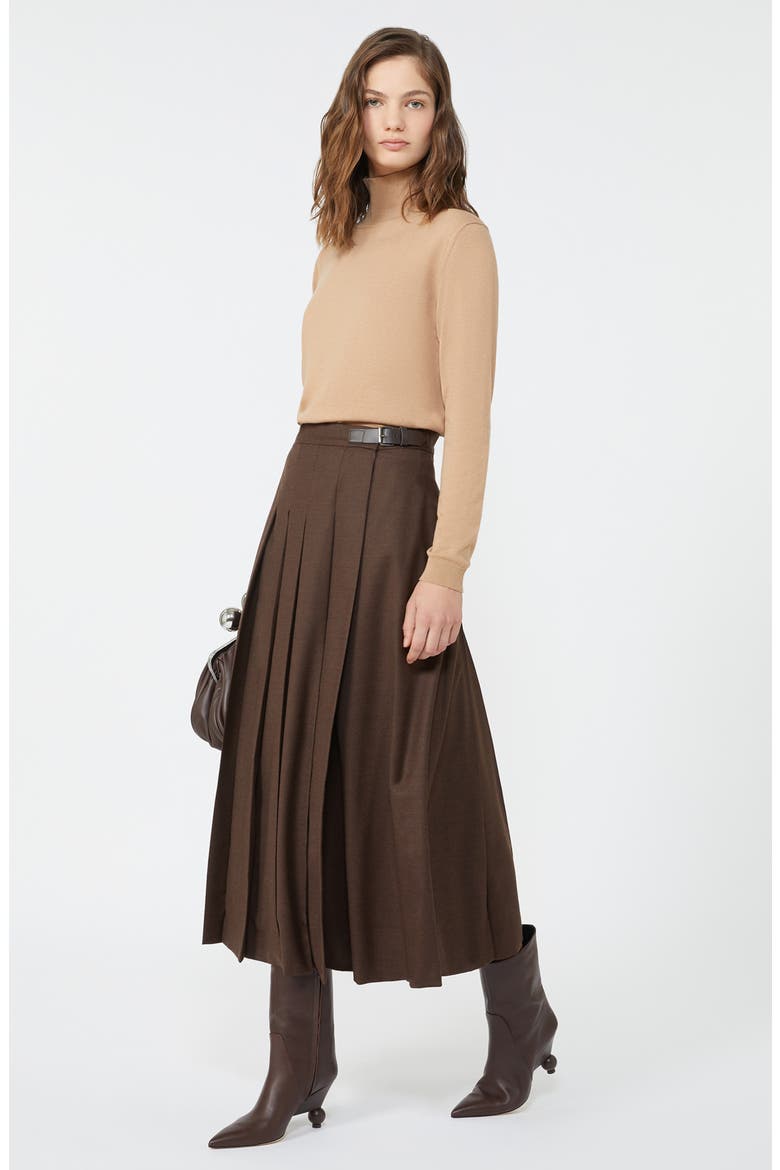 Fastoso Pleated Stretch Virgin Wool Skirt, Alternate, color, CHOCOLATE
