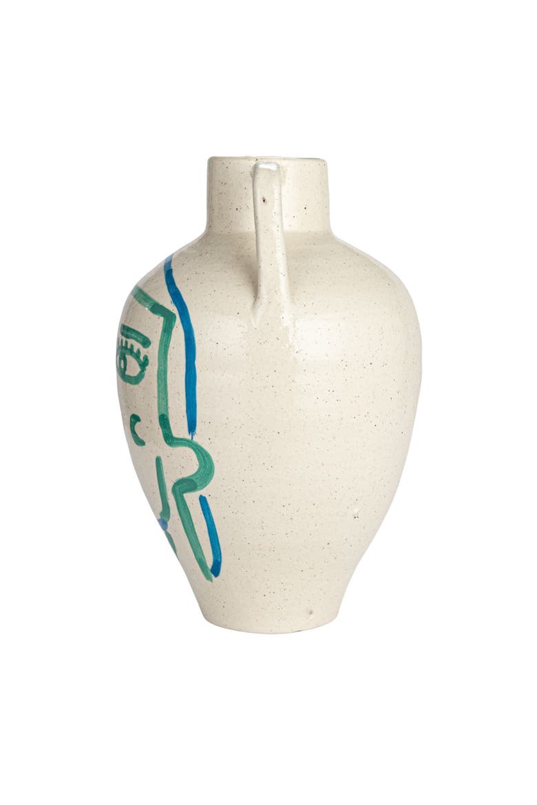 Hand-Painted Terra-cotta Vase with Abstract Face and Crackle Glaze, Alternate, color, Cream