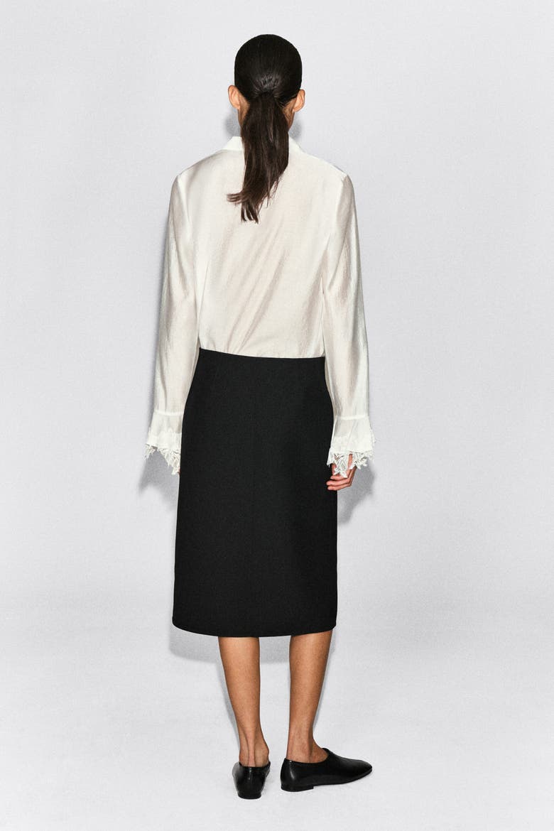 Leather-Belt Wool-Twill Midi Skirt, Alternate, color, BLACK