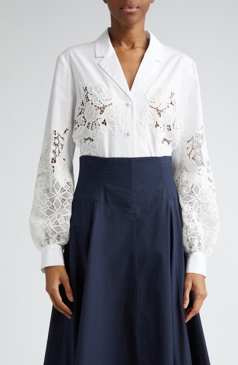 Lela Rose Lace Embellished Button-Up Shirt, Main, color, 