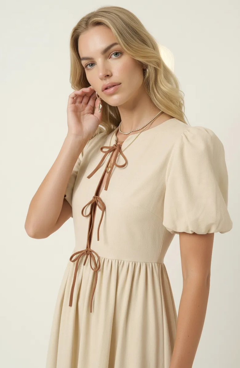 Modenaire Midi Puff Sleeve Dress with Contrast Ties and Hemline Trim, Alternate, color, Off-White / Cream