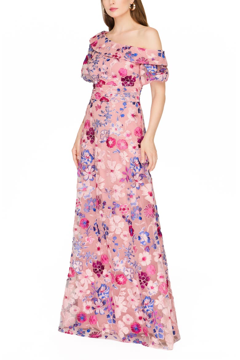 Marigold Embroidered One-Shoulder Puff Sleeve Gown, Alternate, color, ROSE MULTI