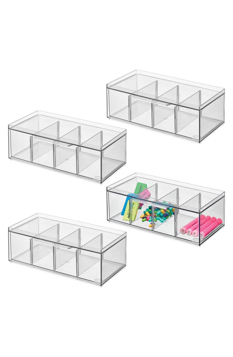 iDesign Set of 4 Stackable 4-Section Tea Storage Drawers - Clear, Main, color, Clear