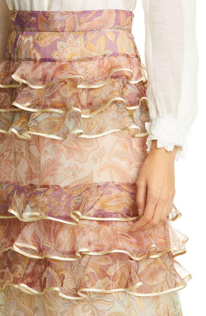 Zimmermann Lucky Paisley Tiered Ruffle Silk Skirt, Alternate, color,