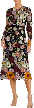 Mac Duggal Hand Stitched Floral Embellished High Neck A-Line Dress