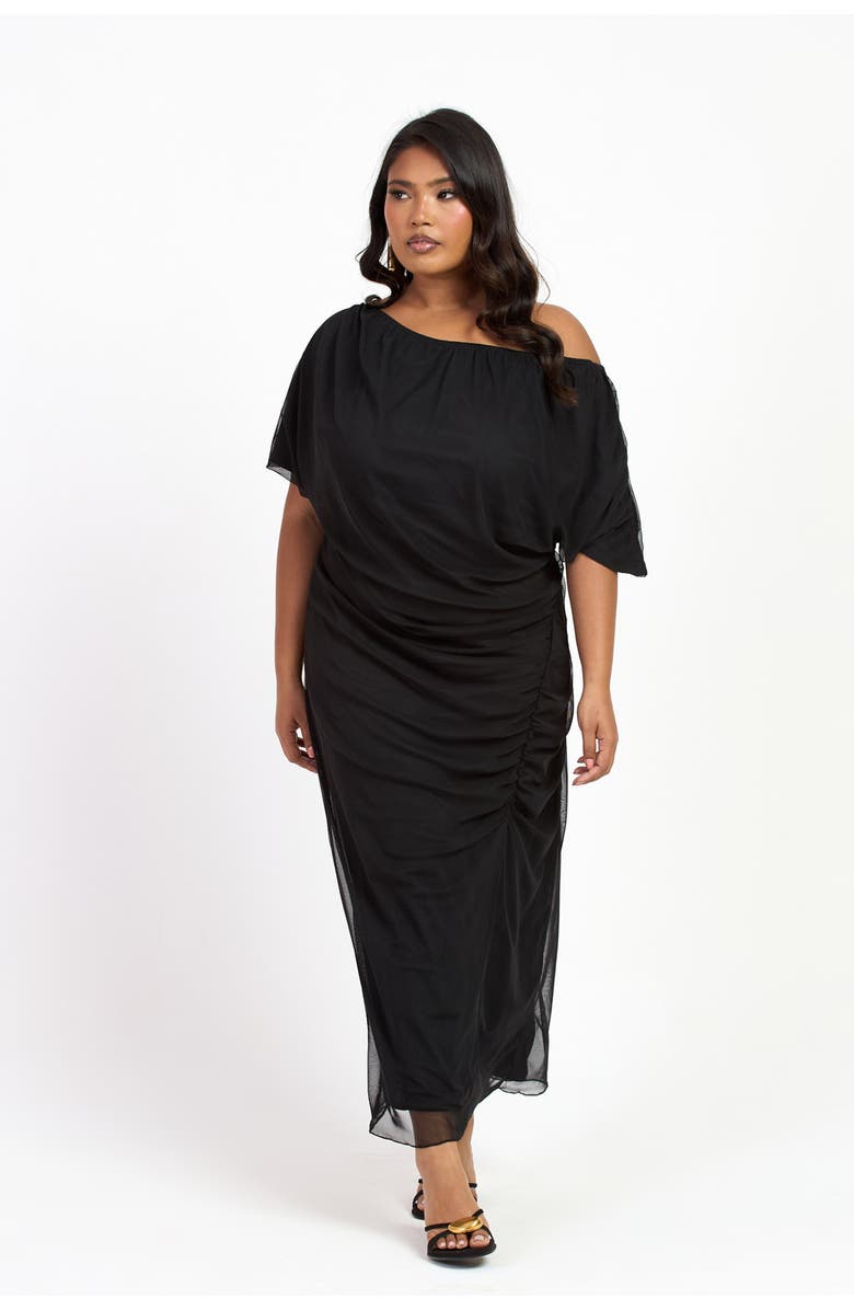 FASHION-SZN CURVE Drop Shoulder Ruched Mesh Midaxi Dress, Alternate, color, Black