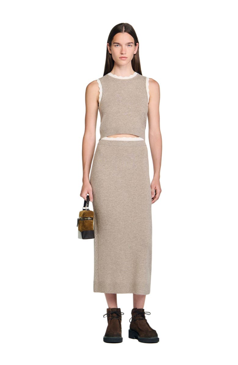 SANDRO Long two-tone knit skirt, Alternate, color, Caramel