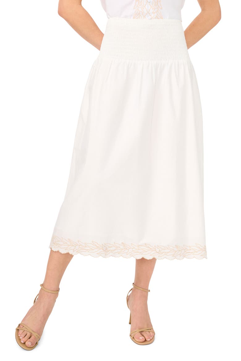 Smocked Waist Embroidered Midi Skirt, Main, color, ULTRA WHITE