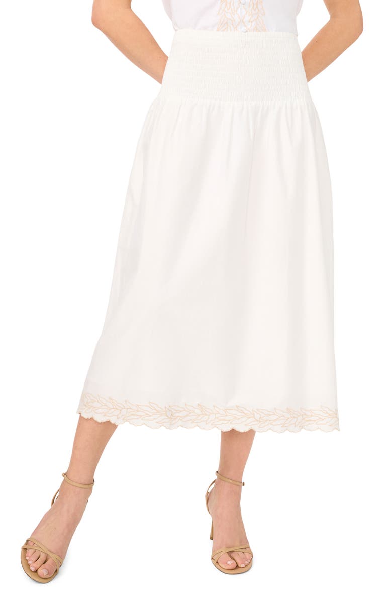 CeCe Smocked Waist Embroidered Midi Skirt, Main, color, Ultra White