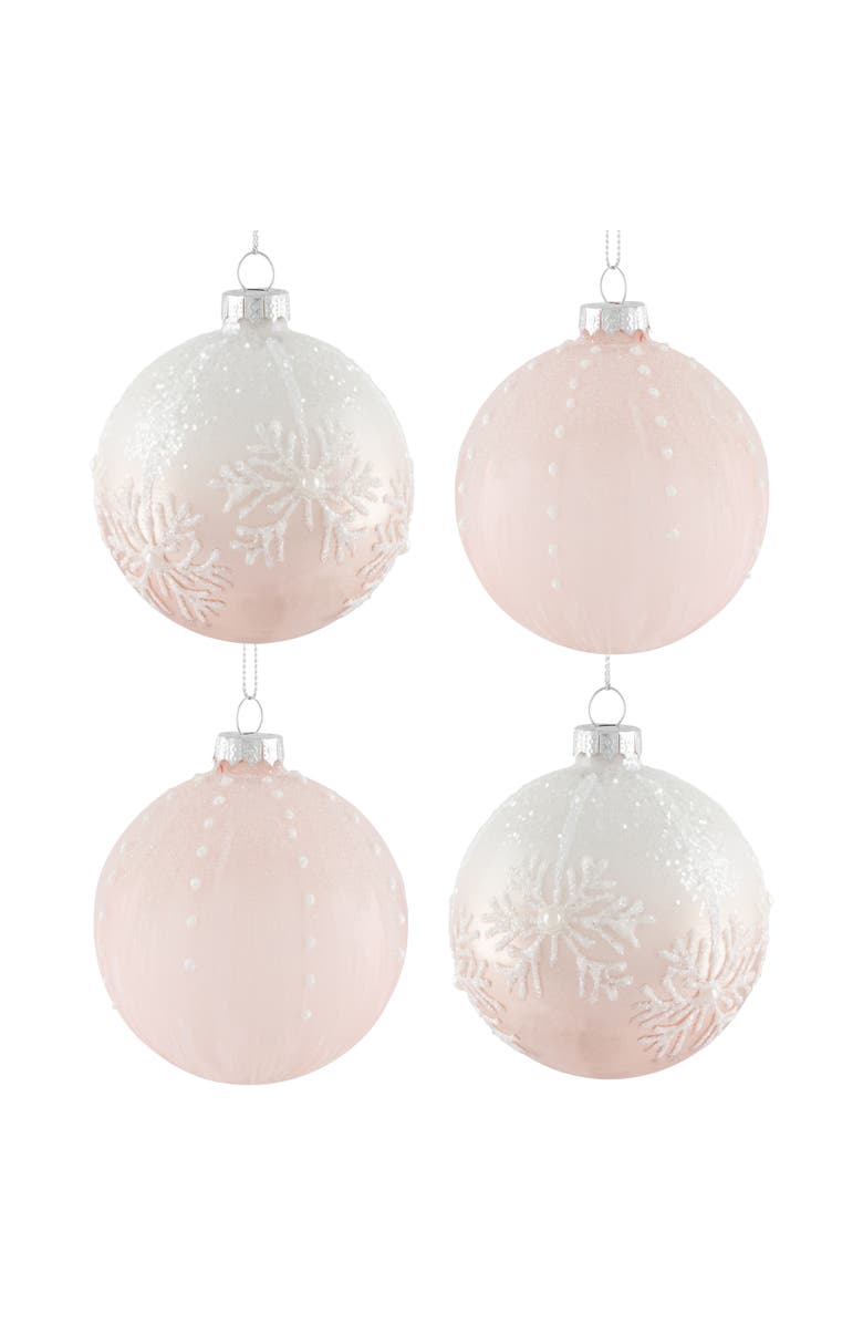 Northlight Snowflakes Glass Ball Christmas Ornaments - 3" (80mm) - Pink and White  - 4ct, Main, color, Pink