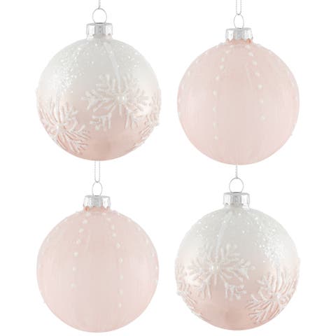 Snowflakes Glass Ball Christmas Ornaments - 3" (80mm) - Pink and White  - 4ct