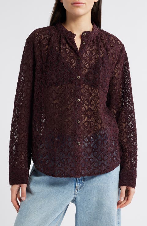 Band Collar Lace Button-Up Shirt