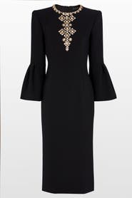 Jenny Packham Margoni Bell-Sleeve Embellished Midi Dress