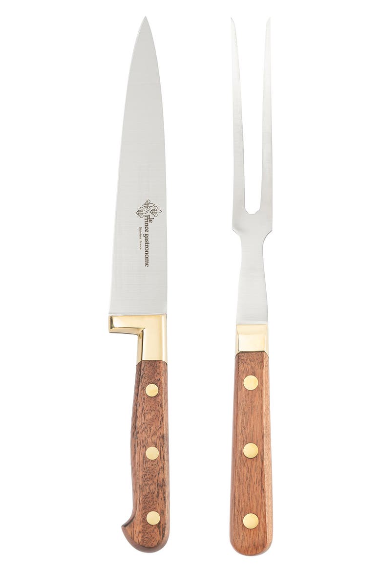 Le Thiers Prince Gastronome Carving Knife and Fork 2-Piece Set, Main, color, WOOD AND GOLD BRASS