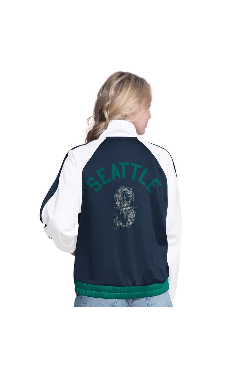G-III SPORTS BY CARL BANKS Women's G-III Sports by Carl Banks White/Navy Seattle Mariners Rally Rhinestone Raglan Full-Zip Track Jacket, Alternate, color, White