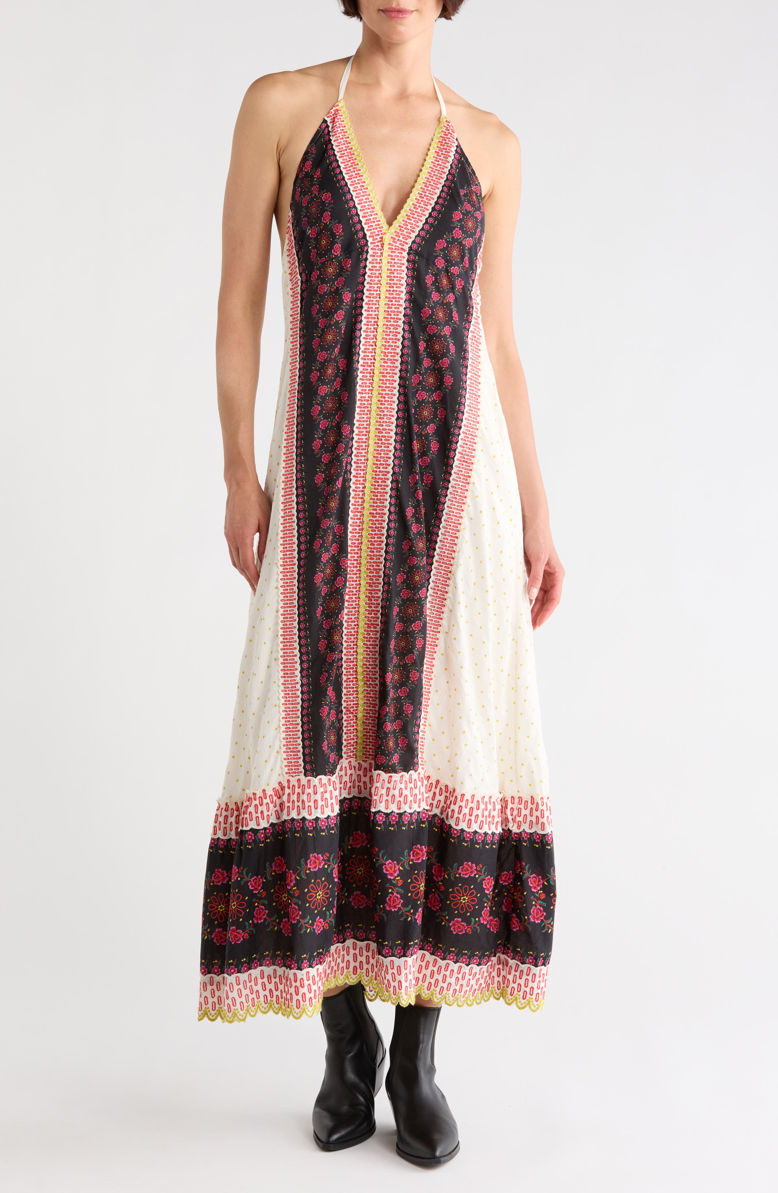 Free People Cubana Border Print Chiffon Halter Maxi Dress