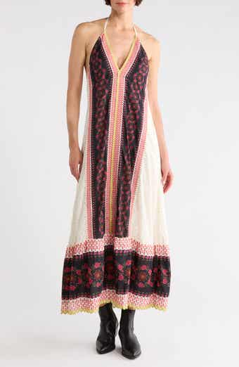 Cubana Border Print Chiffon Halter Maxi Dress
