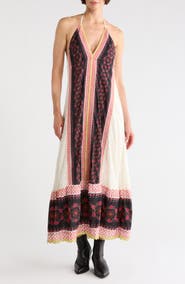 Free People Cubana Border Print Chiffon Halter Maxi Dress