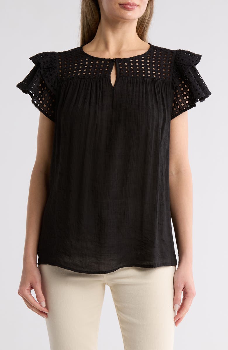 BY DESIGN Demi Eyelet Sleeve Top, Main, color, Jet Black