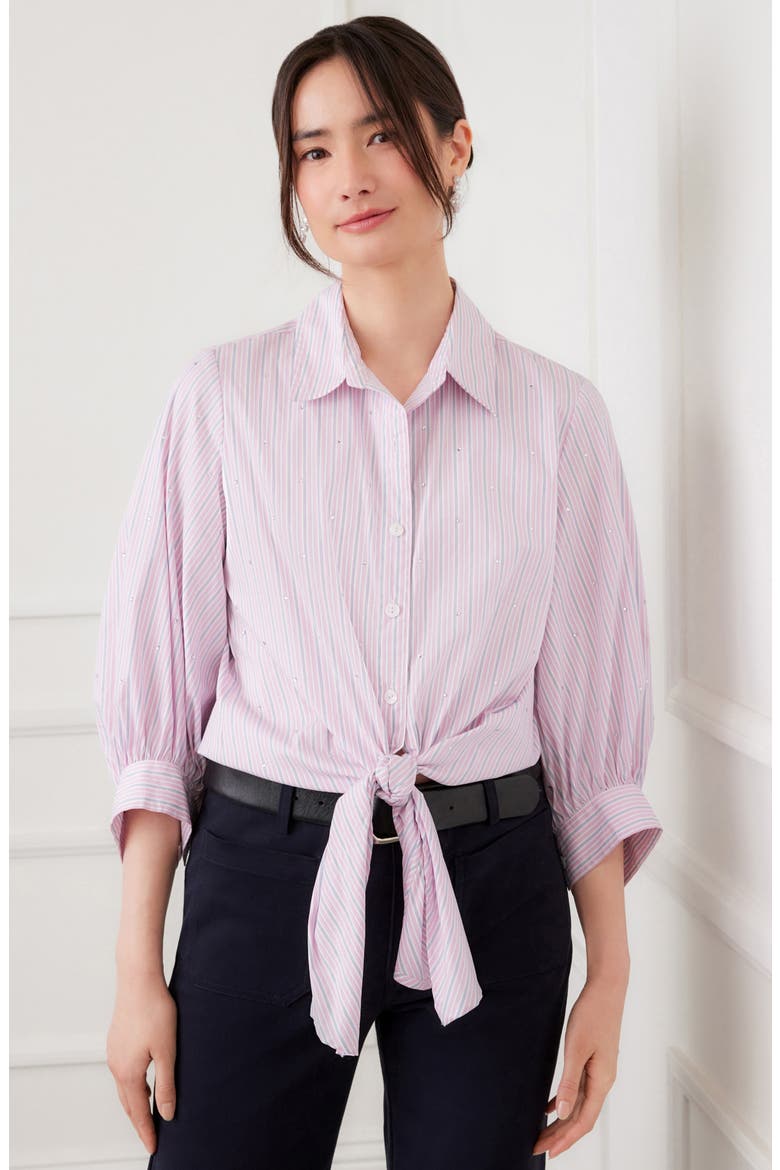 Embellished Puff Sleeve Tie Front Top, Alternate, color, PINK