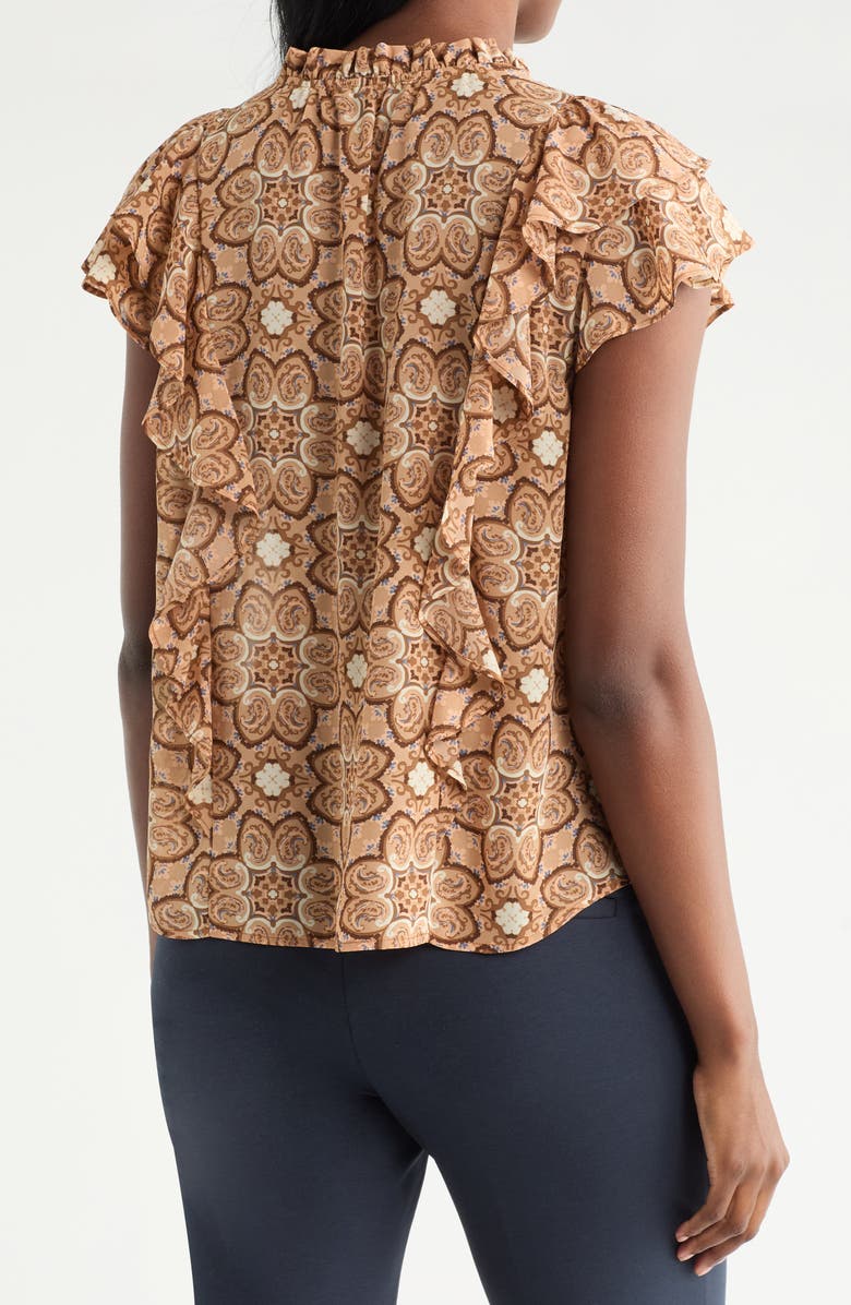 Pleione Ruffle Tie Neck Top, Alternate, color, Taupe Multi Retro Wallpaper