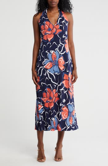 Connected Apparel Halter Midi Dress In Navy