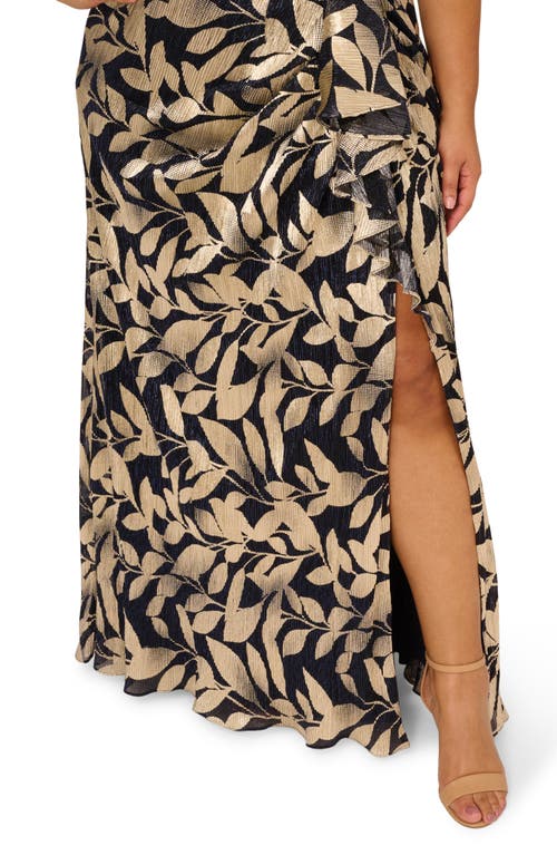 Adrianna Papell Plus Size Foil-print Asymmetric Gown In Gold