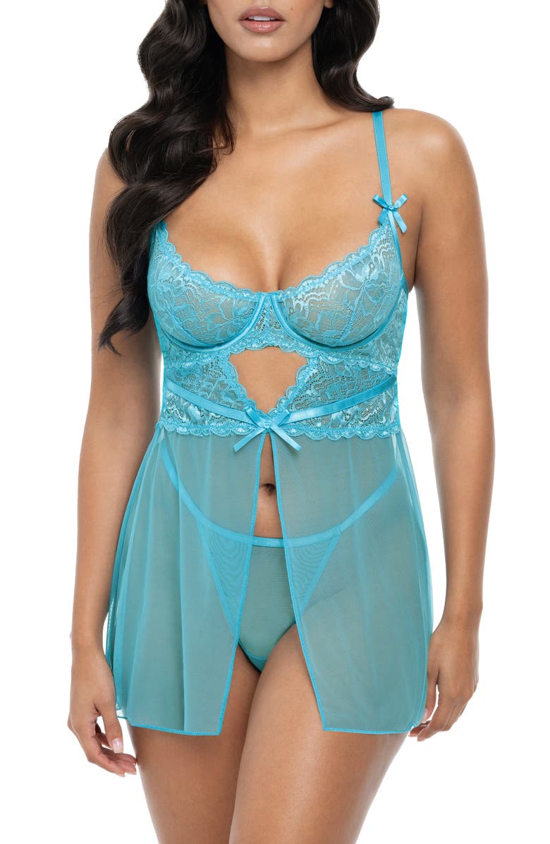 Oh La La Cheri Emma Underwire Chemise & G-String Set, Main, color, Beach Blue