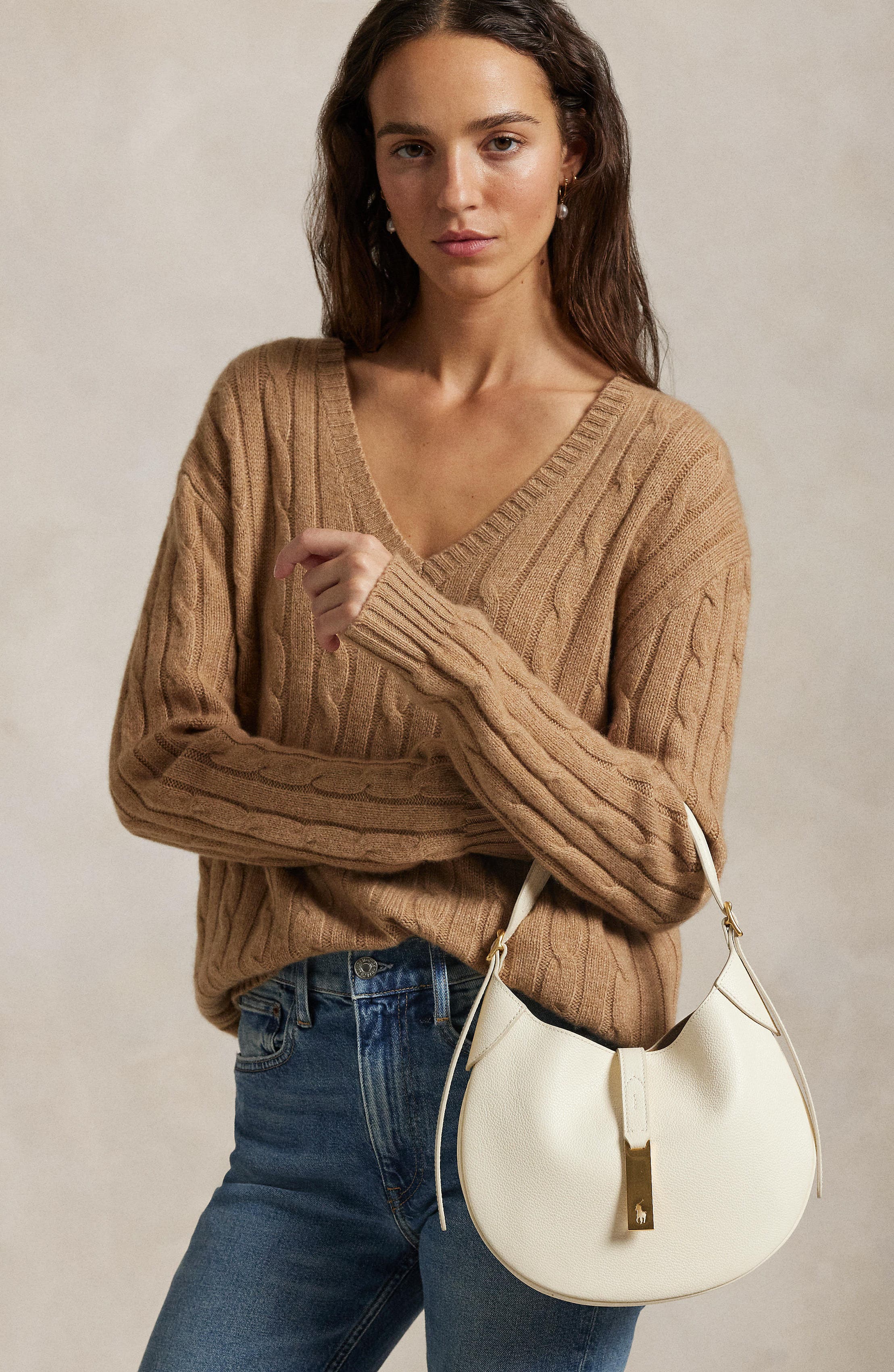 Polo Ralph Lauren Small Polo ID Grain Leather Shoulder Bag, Alternate, color, Ivory