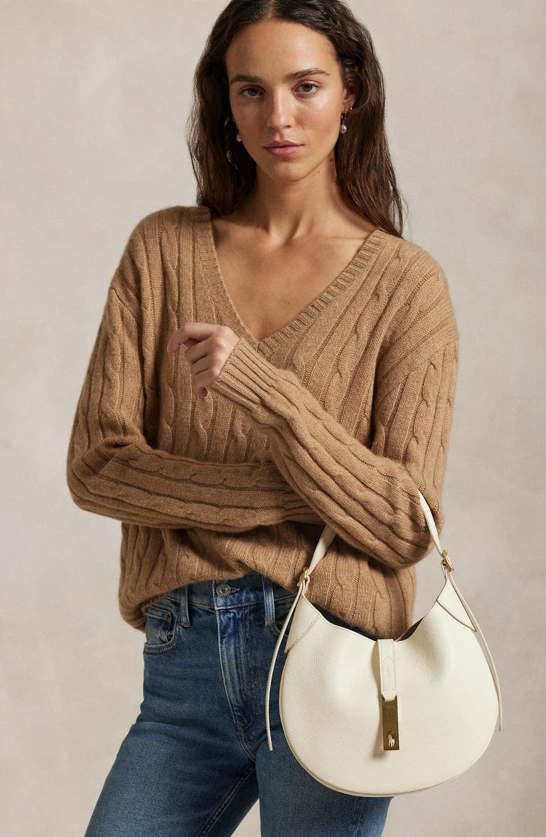 Polo Ralph Lauren Small Polo ID Grain Leather Shoulder Bag, Alternate, color, Ivory