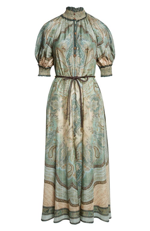 Zimmermann Wanderlust Paisley Billow Sleeve Belted Silk Maxi Dress In Multi