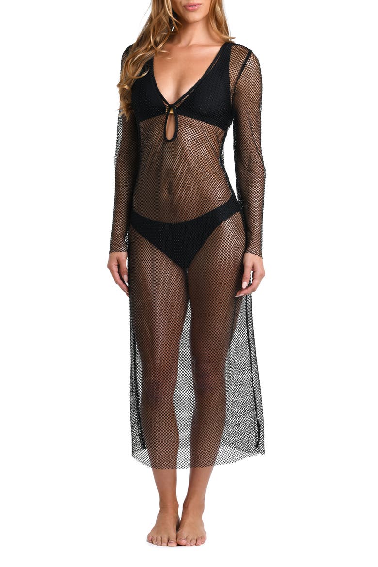 Sara Shine Long Sleeve Sheer Mesh Cover-Up Dress, Main, color, BLACK