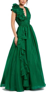 Mac Duggal Ruffle Shoulder V-Neck Chiffon Gown