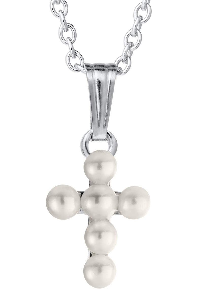 Mignonette Cultured Pearl Cross Pendant Necklace, Main, color, Silver