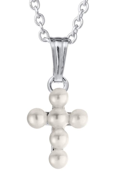 Cultured Pearl Cross Pendant Necklace (Girls)