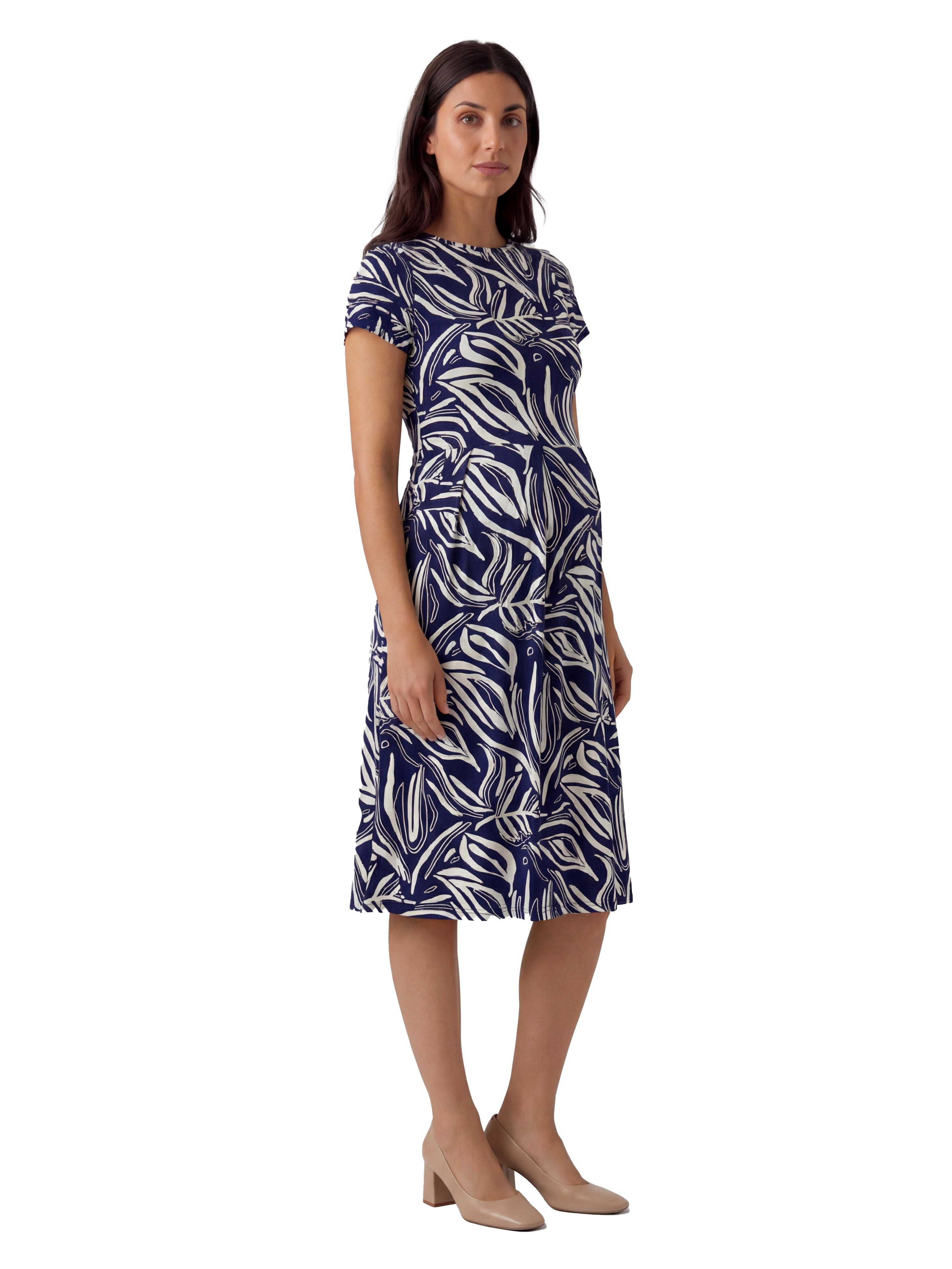 Maternity Essential Abstract Print Short Sleeve Boat Neck Pleated Pocket Fit & Flare Midi Dress - image 2