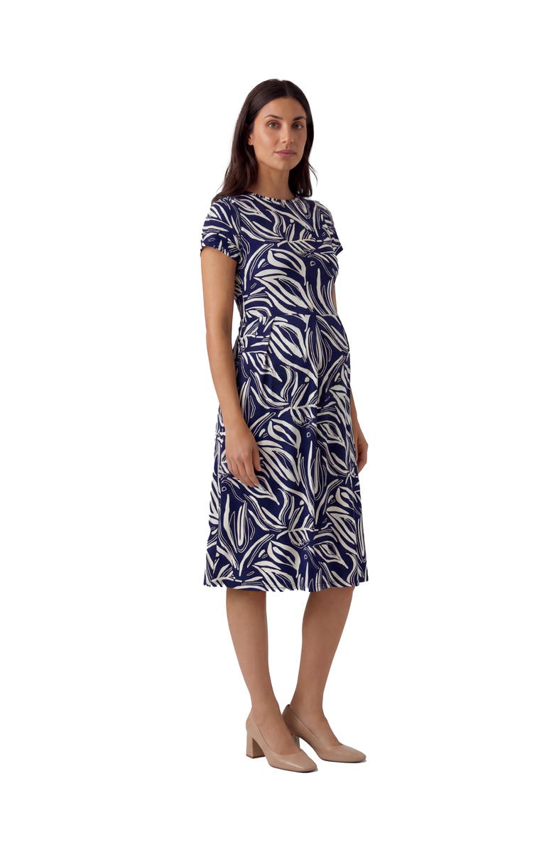 24seven Comfort Apparel Maternity Essential Abstract Print Short Sleeve Boat Neck Pleated Pocket Fit & Flare Midi Dress, Alternate, color, Navy Multi