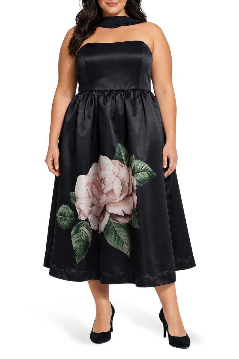 Floral Satin Midi Dress, Main, color, BLACK