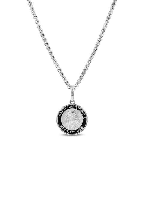 Mr Lowe St Christopher Black Enamel Pendant on Wheat Chain Necklace