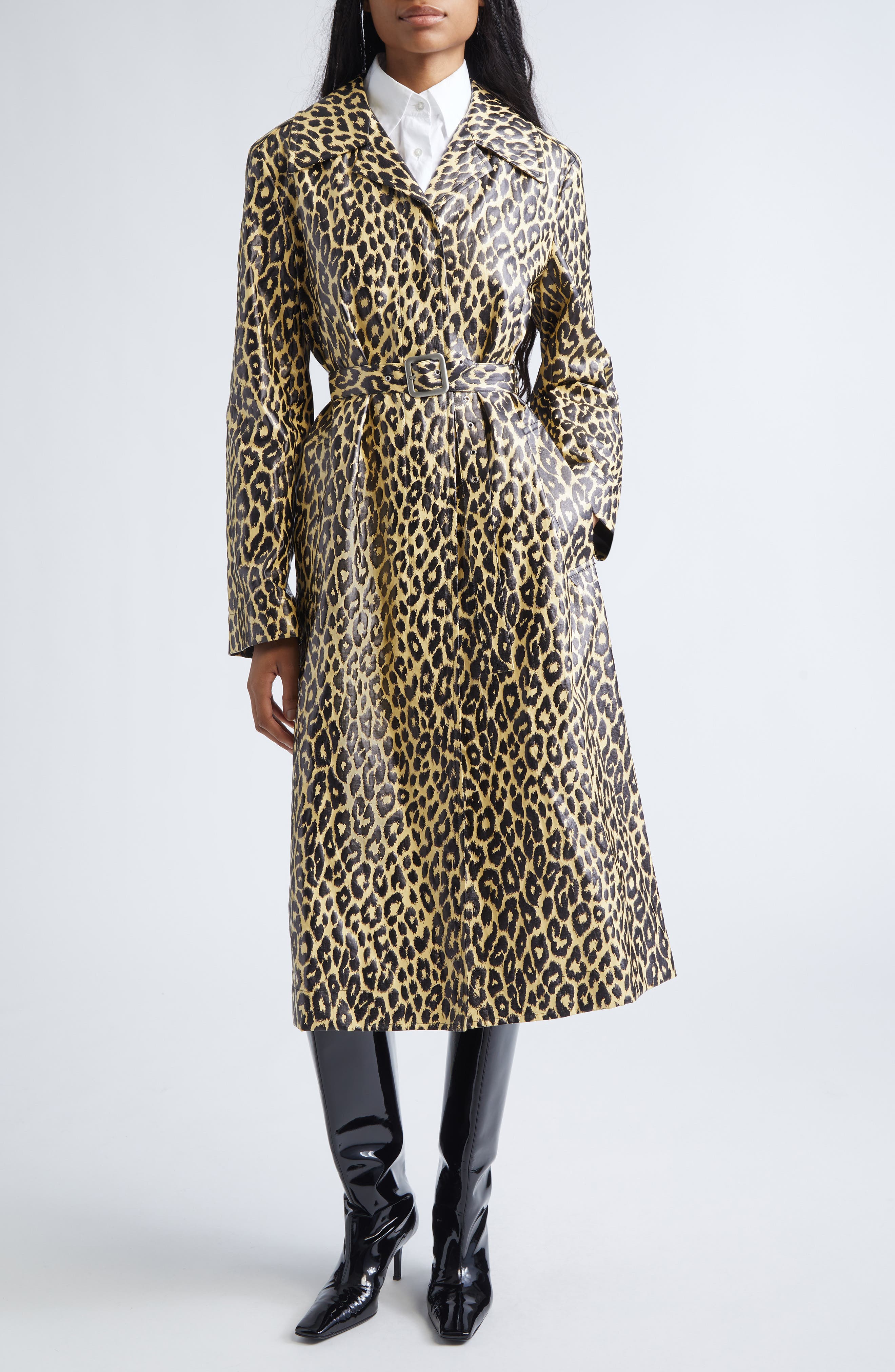 Leopard Print Coated Trench Coat