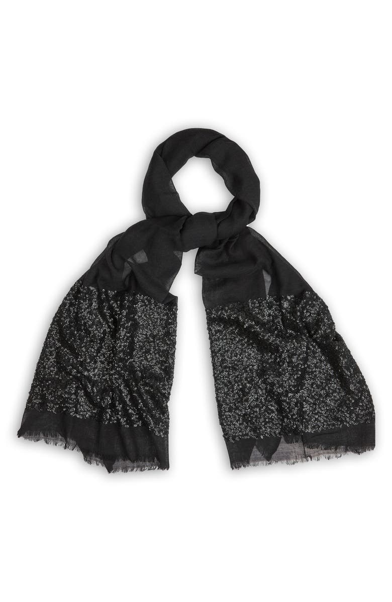 SAACHI Sequin Wool Formal Scarf, Main, color, Black