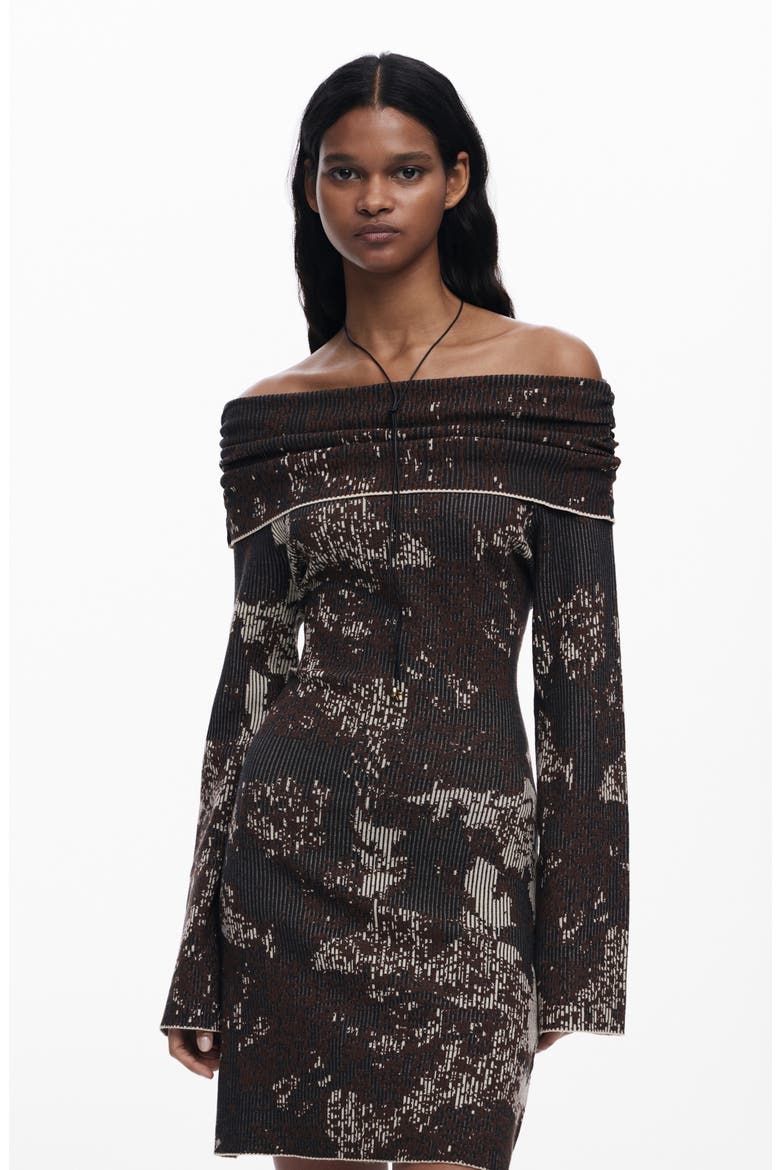 Off the Shoulder Long Sleeve Rib Dress, Alternate, color, BROWN