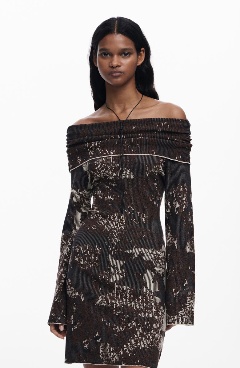 Desigual Off the Shoulder Long Sleeve Rib Dress, Alternate, color, Brown