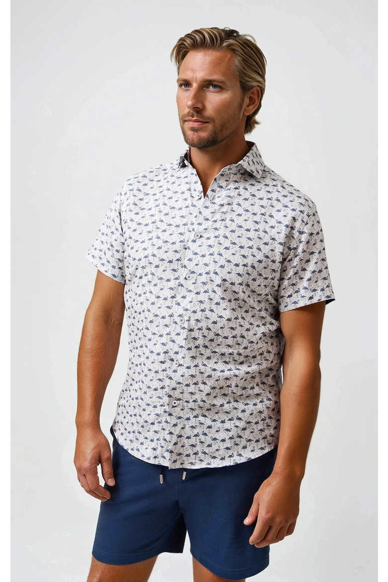 Linen Flamingo Print SS Button-Up Shirt, Alternate, color, Beige