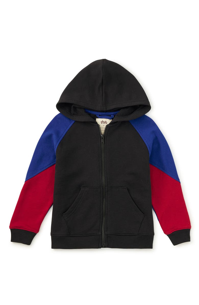 Tea Collection Colorblock Hoodie, Main, color, Jet Black
