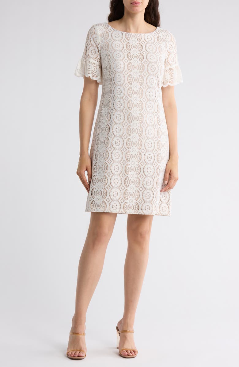 Eliza J Lace Ruffle Short Sleeve Shift Dress, Main, color,